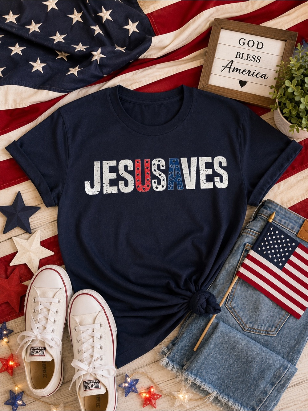 Gildan Navy 'JESUS SAVES' Patriotic Short Sleeve Tee